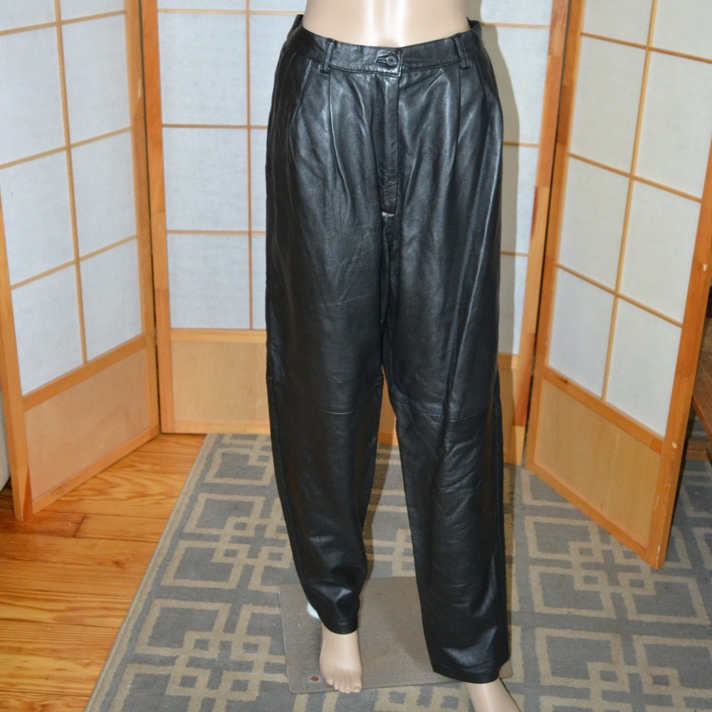 SOLD Saks 5th Black Leather 90's Pleated Pants 14 - Picture 1 of 6